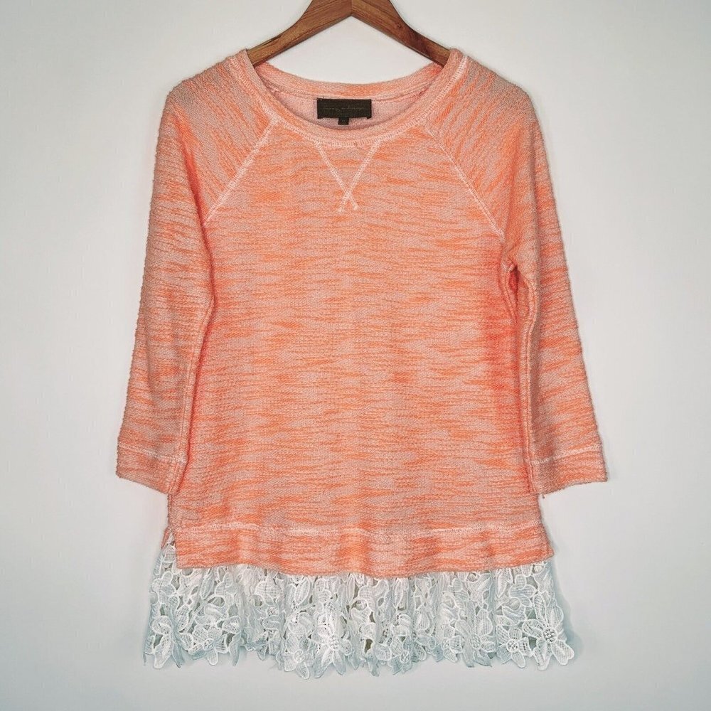 Anthropologie Orange Lace Top‎ Womens Size XS Knit 3/4 Sleeves Vacation